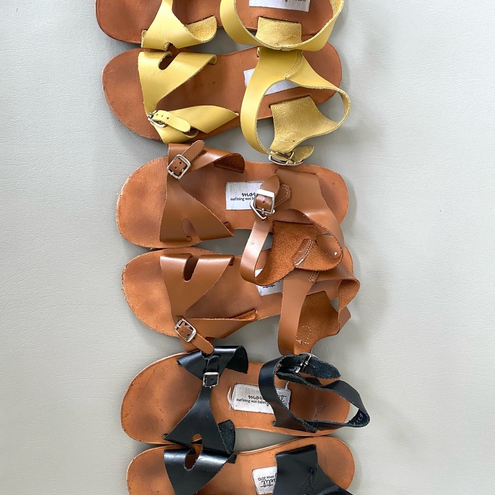 Set of 3 Mon Petit Waterproof Leather Sandals in Yellow, Brown, and Black